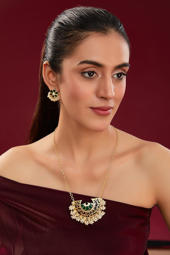 Gold Plated Pearl Enamelled Necklace Set by Totapari
