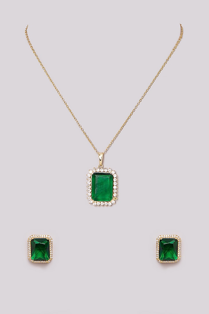 Gold Plated Emerald Stone & Zircon Pendant Necklace Set by Totapari