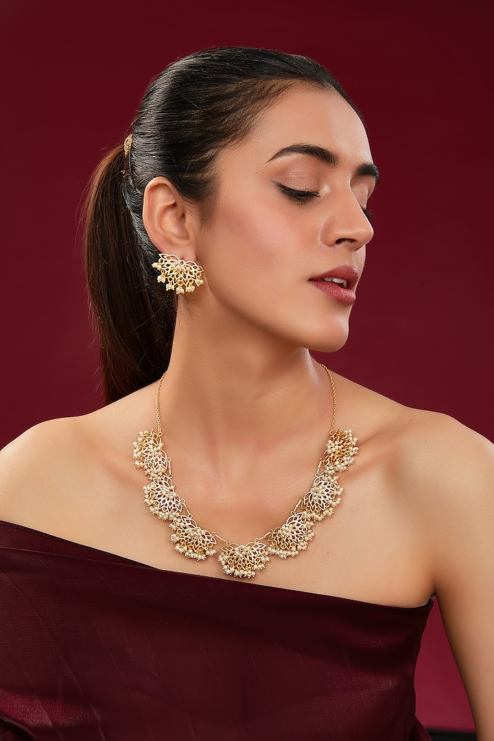 Gold Plated Pearl Motif Filigree Necklace Set by Totapari