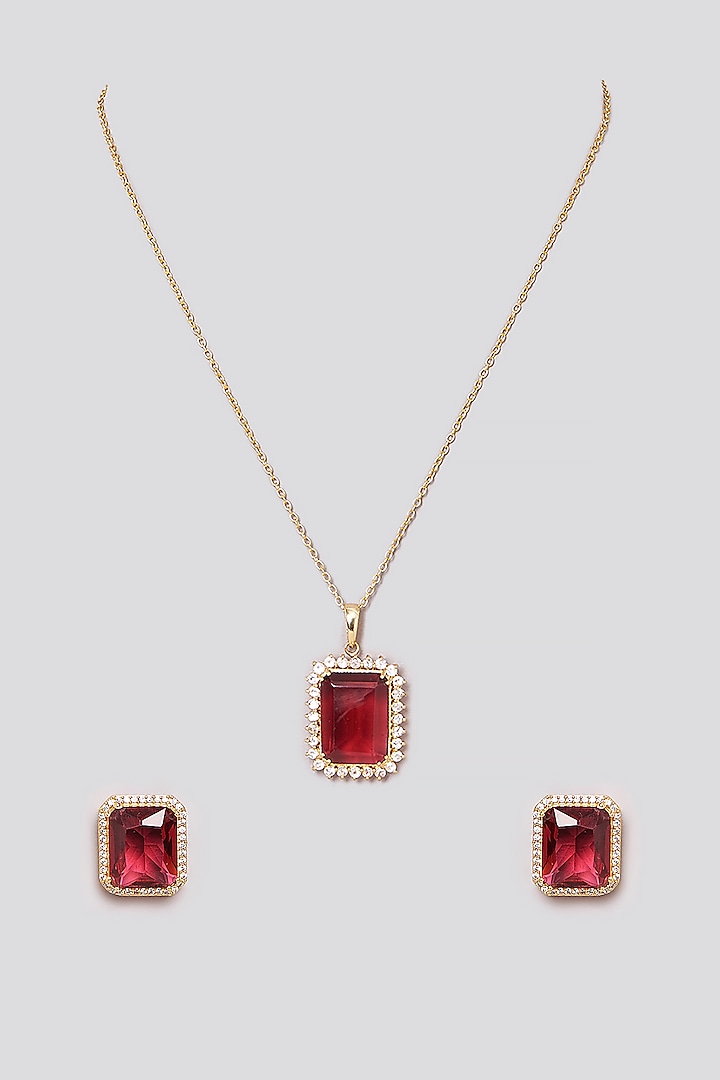 Gold Plated Ruby Stone & Zircon Pendant Necklace Set by Totapari