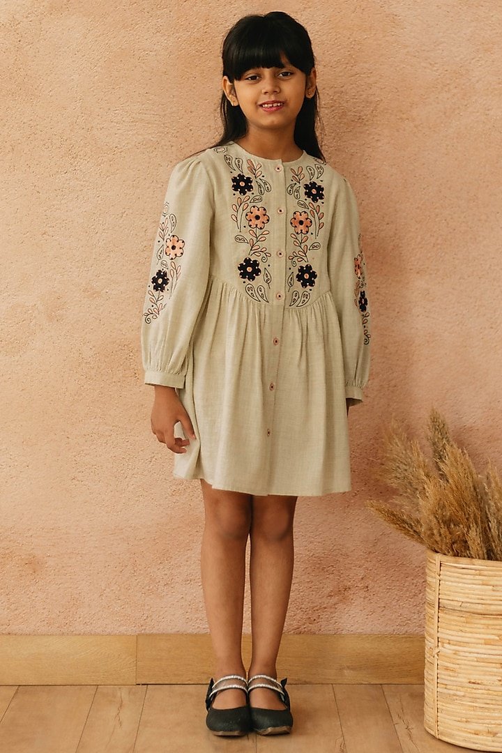 Beige Cotton Polyester Embroidered Dress For Girls by Tribe Kids