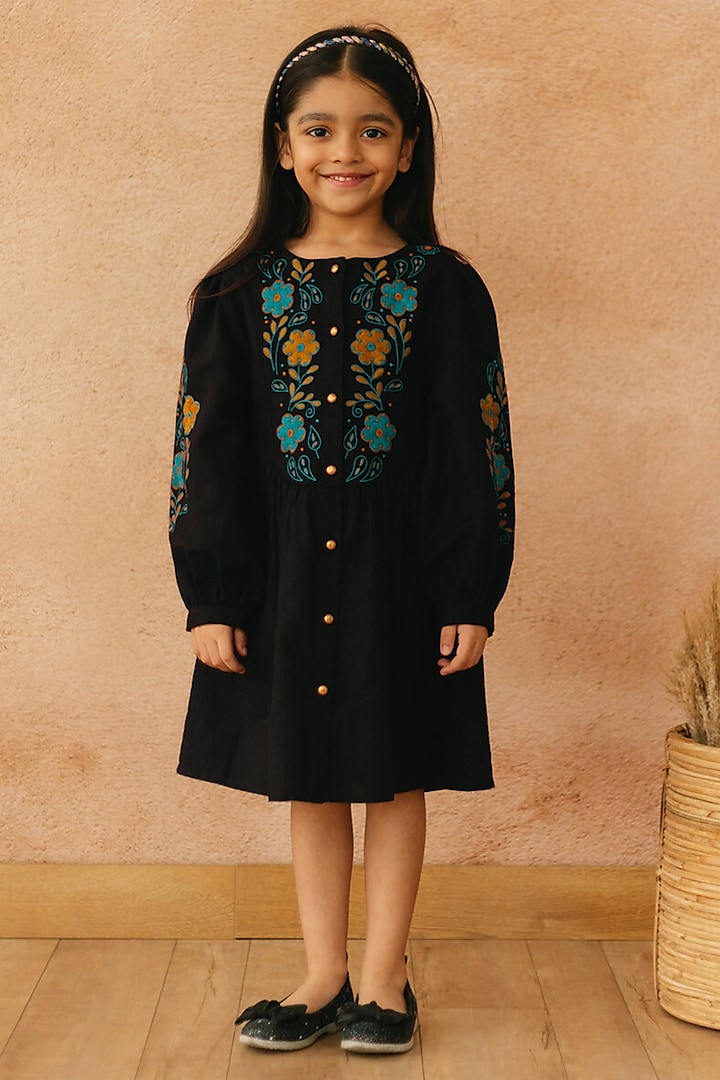 Black Cotton Linen Embroidered Dress For Girls by Tribe Kids