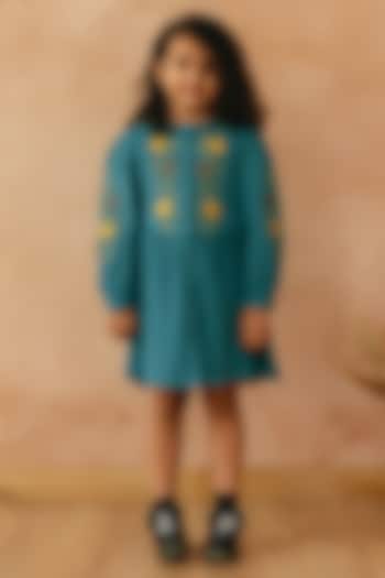 Teal Cotton Embroidered Dress For Girls by Tribe Kids