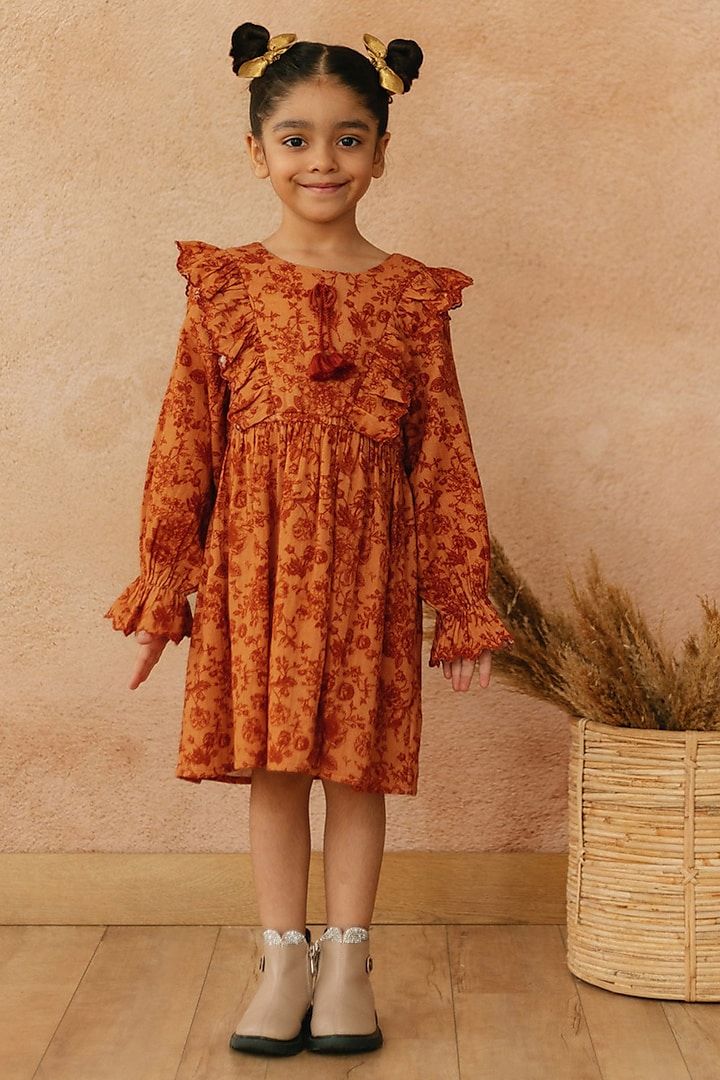 Orange Cotton Printed & Embroidered Dress For Girls by Tribe Kids