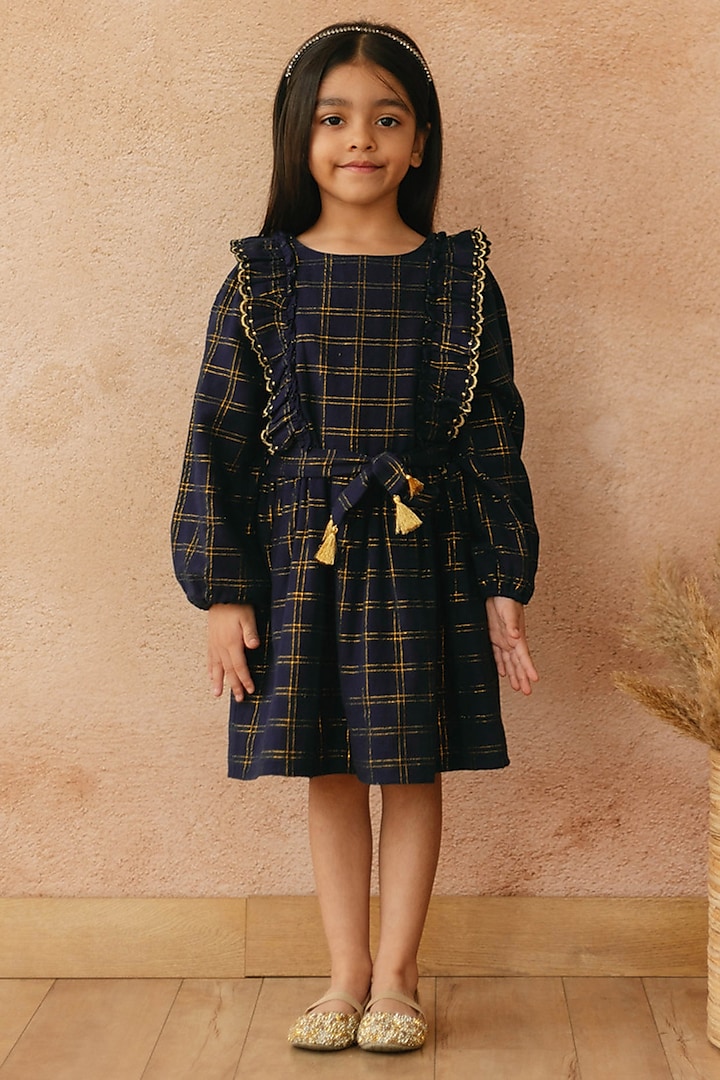 Navy Cotton Lurex Printed Dress For Girls by Tribe Kids