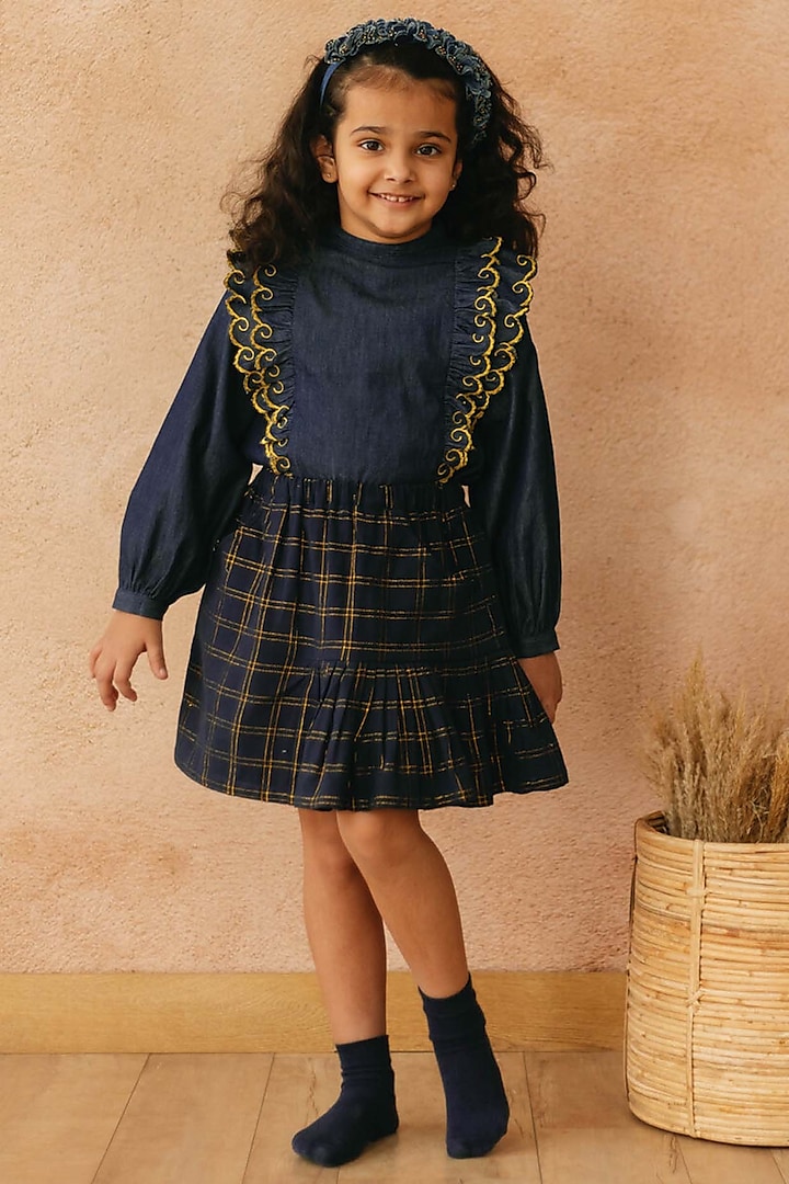 Navy Cotton Embroidered Top For Girls by Tribe Kids