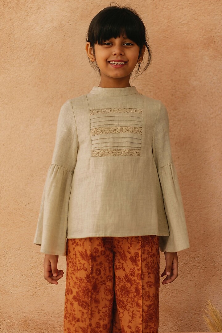 Beige Cotton Polyester Embroidered Top For Girls by Tribe Kids
