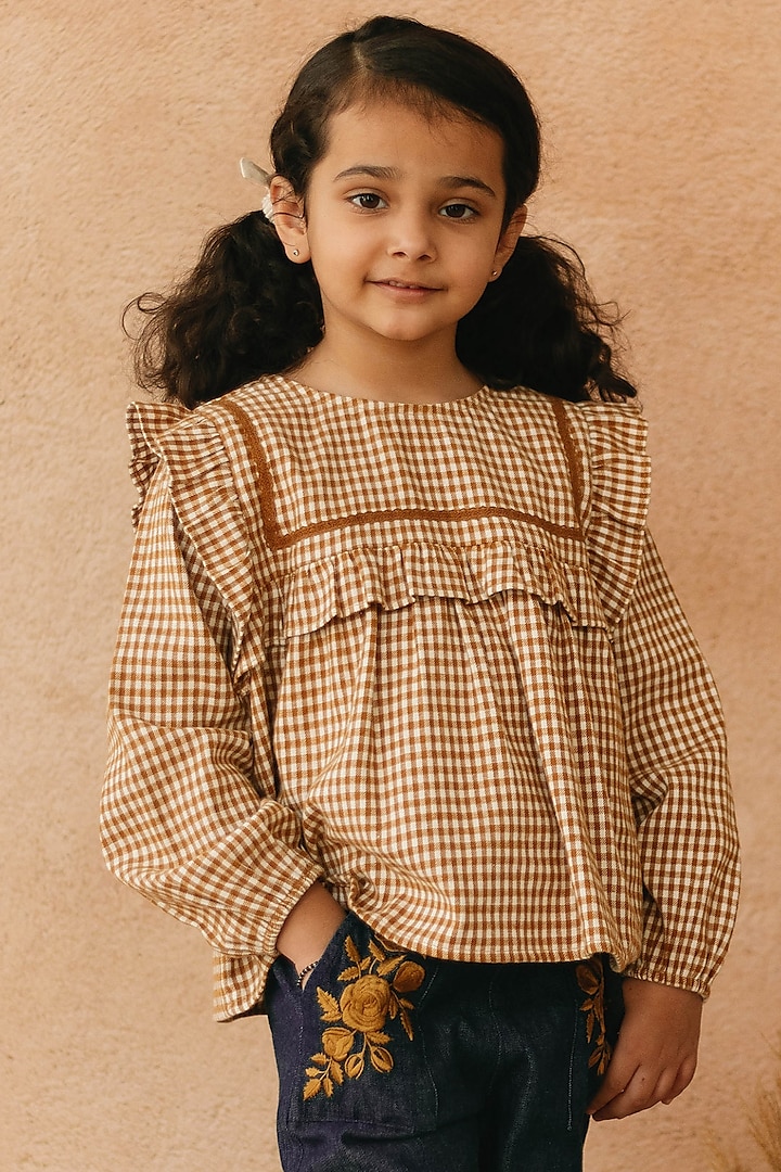 Mustard Cotton Checks Printed Top For Girls by Tribe Kids