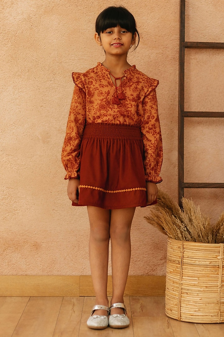 Orange Polyester Skirt For Girls by Tribe Kids