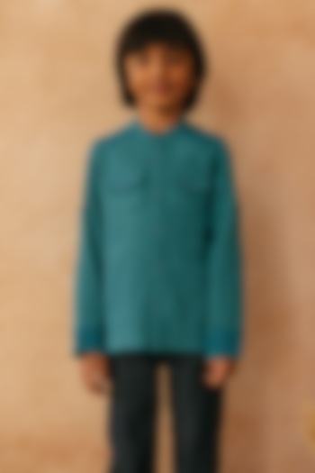Teal Cotton Embroidered Shirt For Boys by Tribe Kids at Pernia's Pop Up Shop