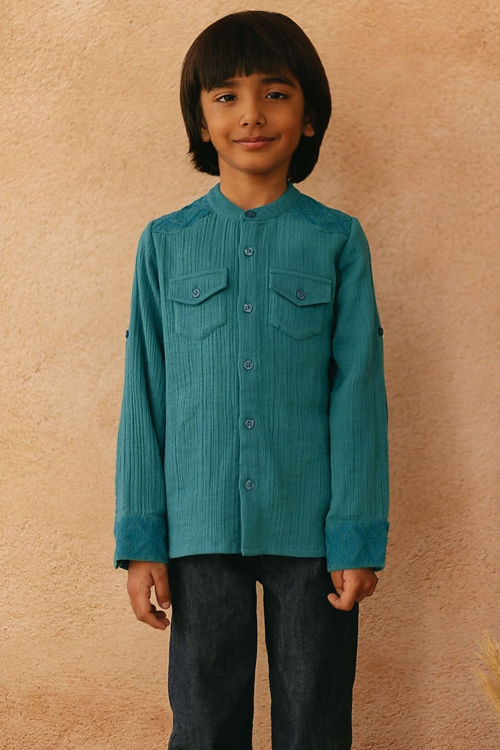 Teal Cotton Embroidered Shirt For Boys by Tribe Kids at Pernia's Pop Up Shop