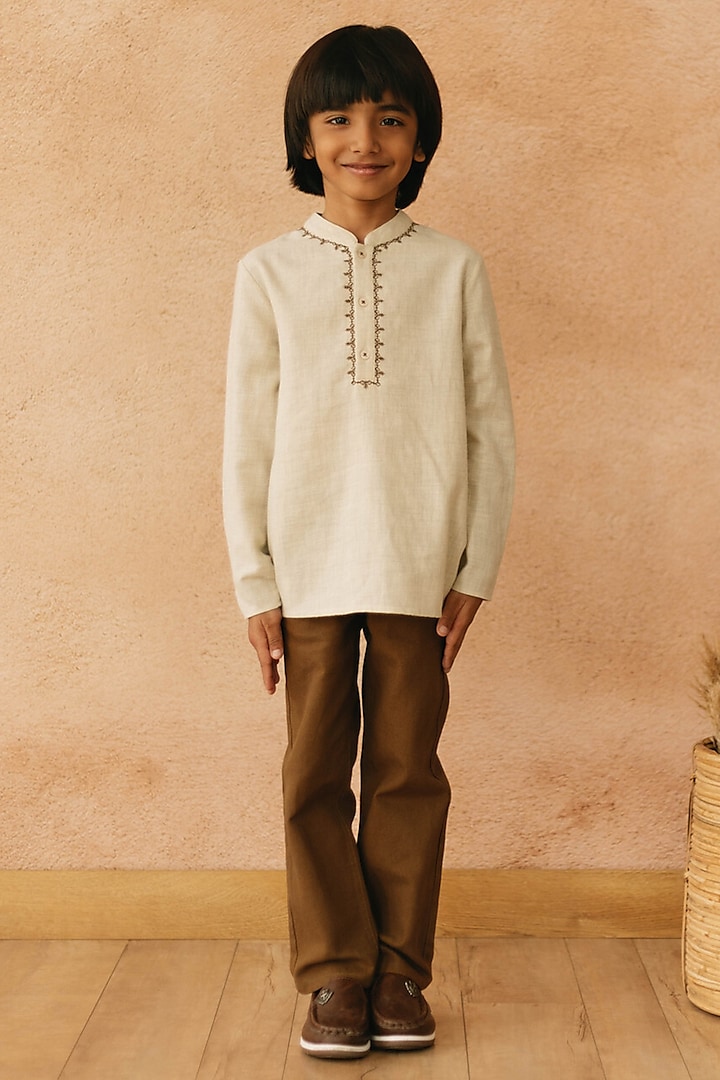Beige Cotton Polyester Embroidered Shirt For Boys by Tribe Kids