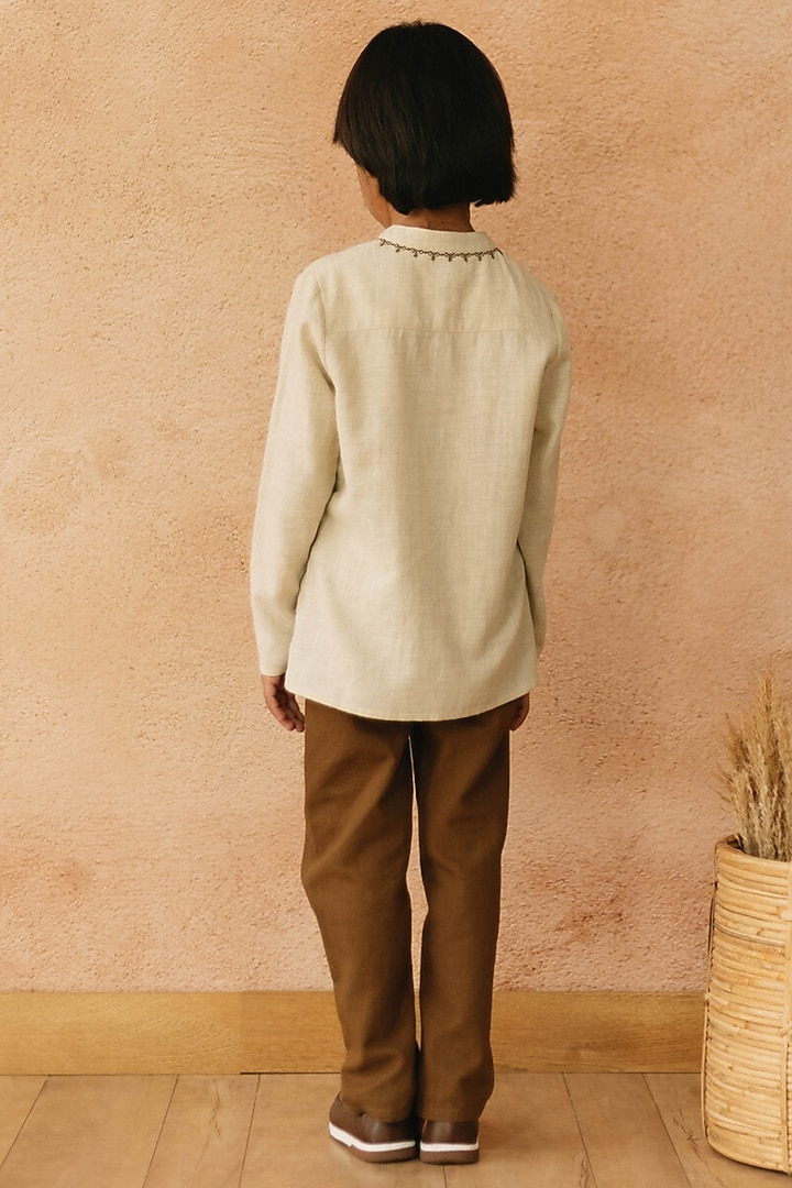 Beige Cotton Polyester Embroidered Shirt For Boys by Tribe Kids at Pernia's Pop Up Shop