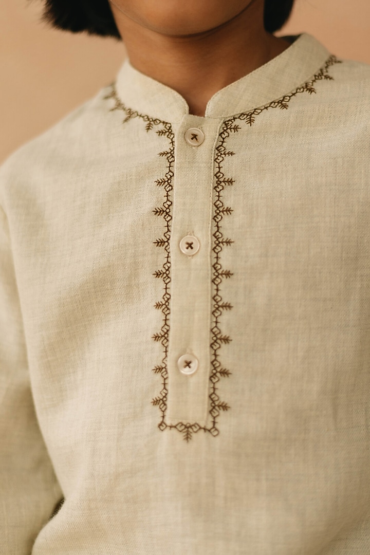 Beige Cotton Polyester Embroidered Shirt For Boys by Tribe Kids at Pernia's Pop Up Shop