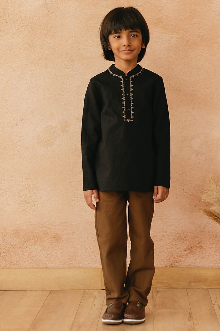 Black Cotton Linen Embroidered Shirt For Boys by Tribe Kids