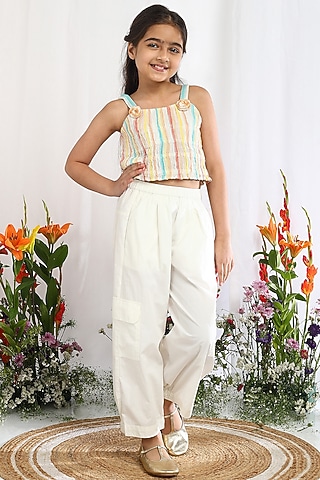 Off-White Cotton Cargo Pants For Girls by Tribe Kids