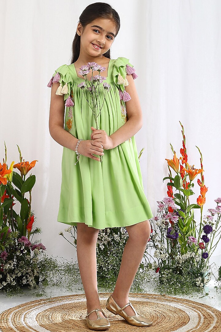 Green Cotton Floral Embroidered Dress For Girls by Tribe Kids at Pernia's  Pop Up Shop 2026