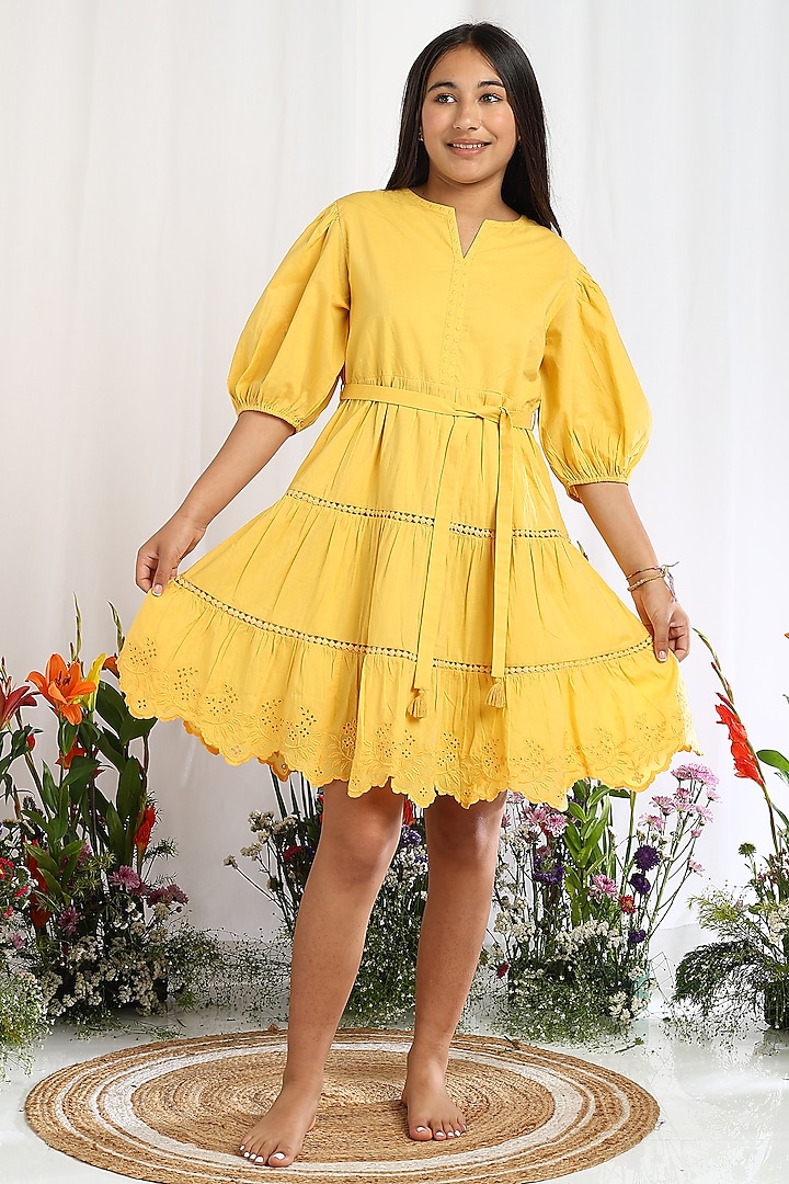 Mustard Cotton Floral Embroidered Dress For Girls by Tribe Kids at Pernia's Pop Up Shop