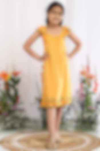 Mustard Cotton Embroidered A-Line Dress For Girls by Tribe Kids at Pernia's Pop Up Shop