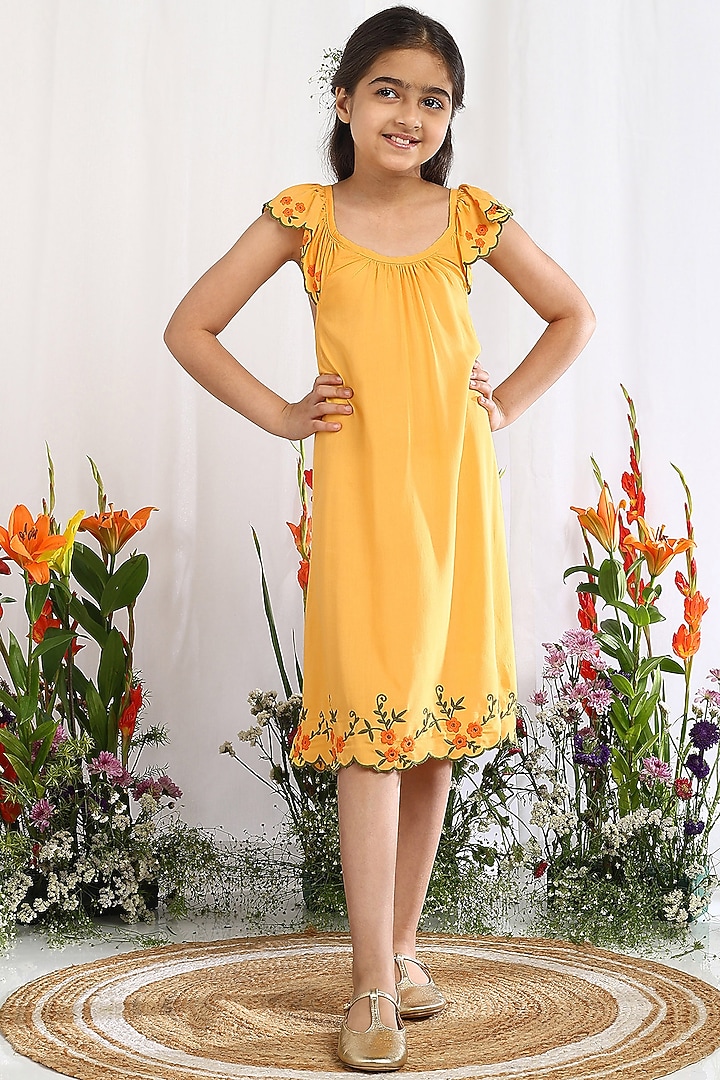 Mustard Cotton Embroidered A-Line Dress For Girls by Tribe Kids at Pernia's Pop Up Shop