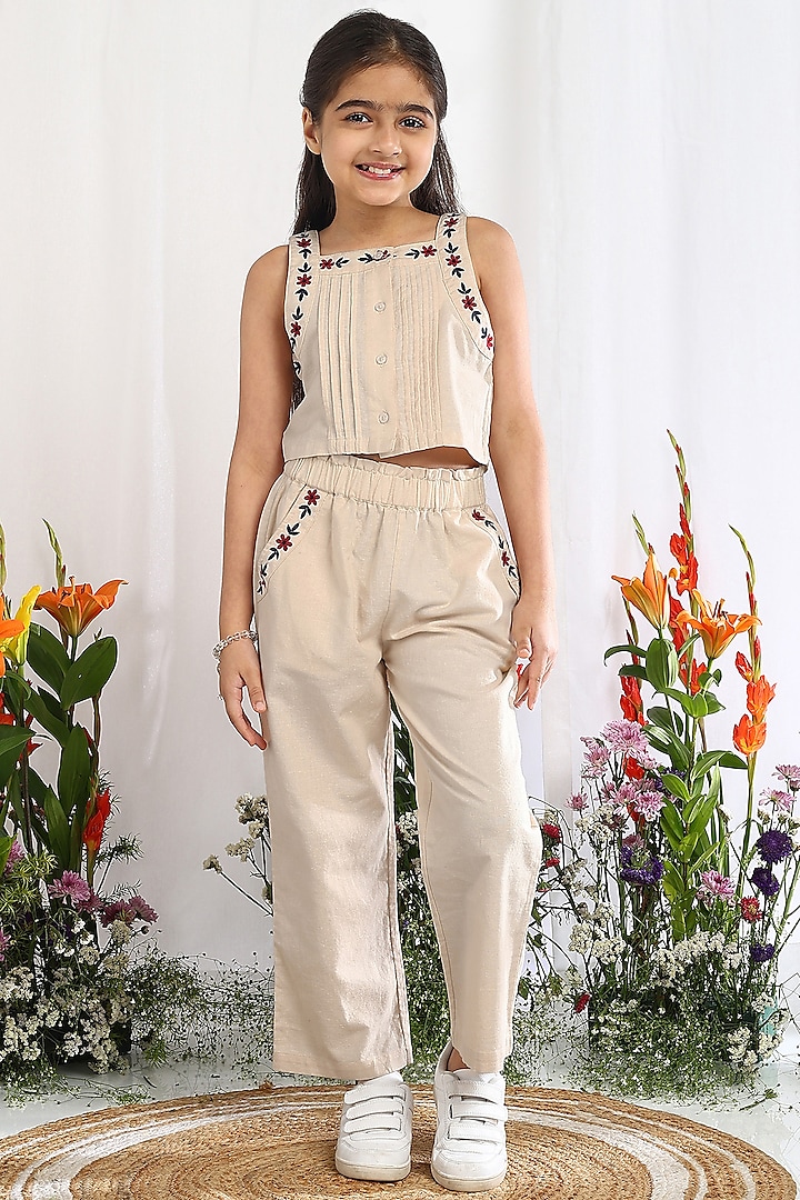 Beige Cotton Floral Embroidered Co-Ord Set For Girls by Tribe Kids at Pernia's Pop Up Shop