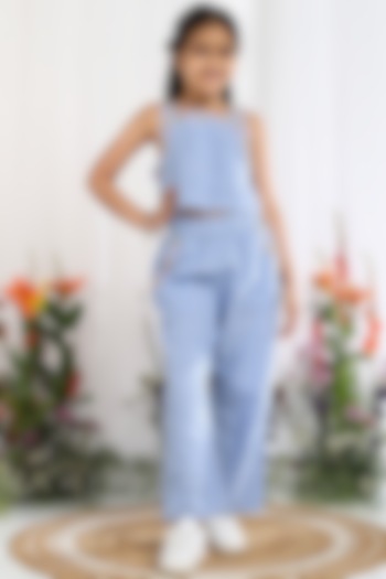 Blue Cotton Floral Embroidered Co-Ord Set For Girls by Tribe Kids at Pernia's Pop Up Shop