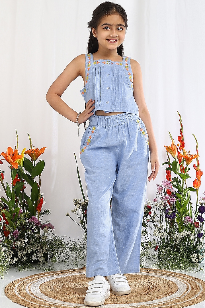 Blue Cotton Floral Embroidered Co-Ord Set For Girls by Tribe Kids at Pernia's Pop Up Shop
