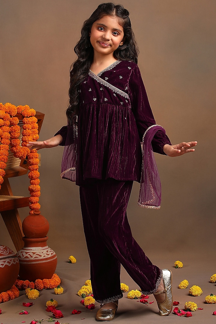 Maroon Velvet Sharara Set For Girls by Tribe Kids at Pernia's Pop Up Shop