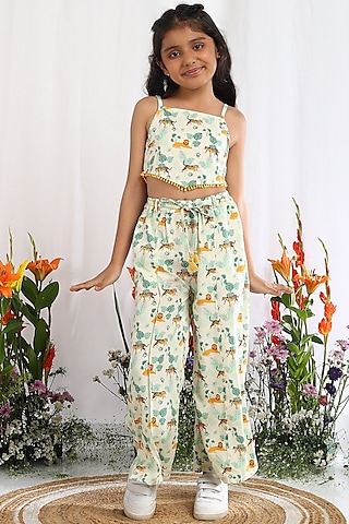 Off-White Cotton Printed Pants For Girls by Tribe Kids