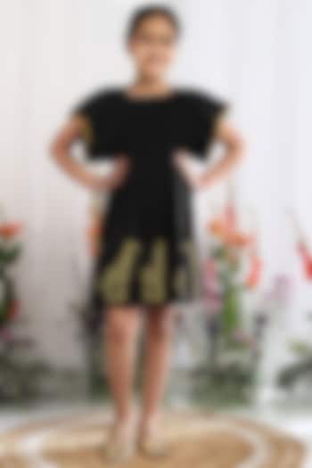 Black Linen Embroidered Dress For Girls by Tribe Kids at Pernia's Pop Up Shop