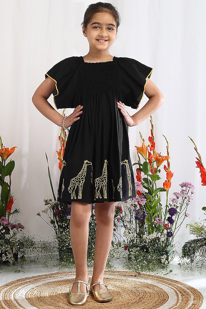 Black Linen Embroidered Dress For Girls by Tribe Kids at Pernia's Pop Up Shop