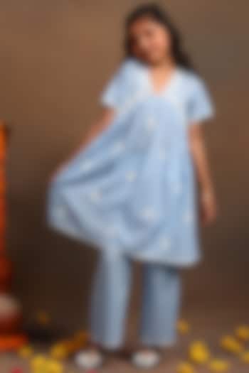 Blue Cotton Embroidered Co-Ord Set For Girls by Tribe Kids at Pernia's Pop Up Shop