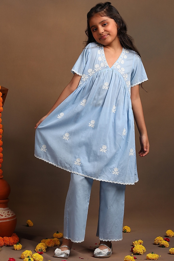 Blue Cotton Embroidered Co-Ord Set For Girls by Tribe Kids at Pernia's Pop Up Shop