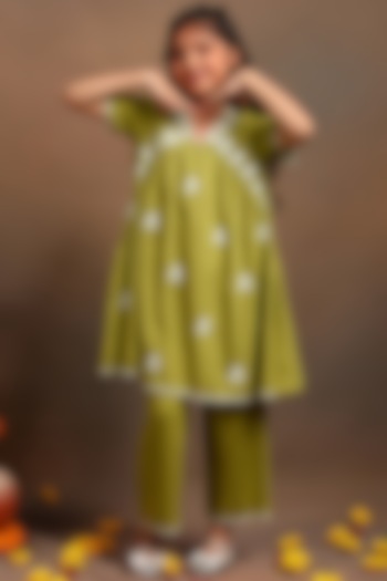 Green Cotton Embroidered Co-Ord Set For Girls by Tribe Kids at Pernia's Pop Up Shop