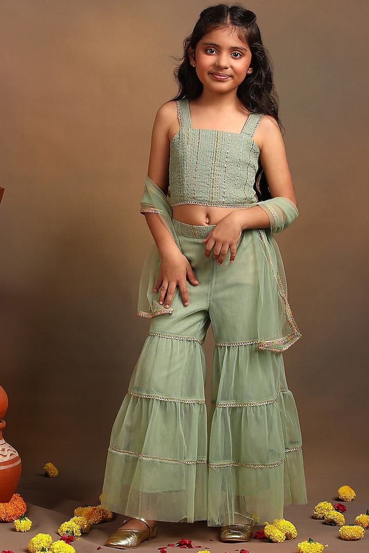 Green Cotton Sharara Set For Girls by Tribe Kids at Pernia's Pop Up Shop