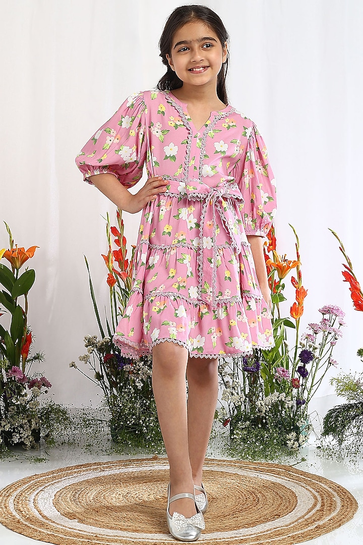 Pink Cotton Printed Dress For Girls by Tribe Kids at Pernia's Pop Up Shop