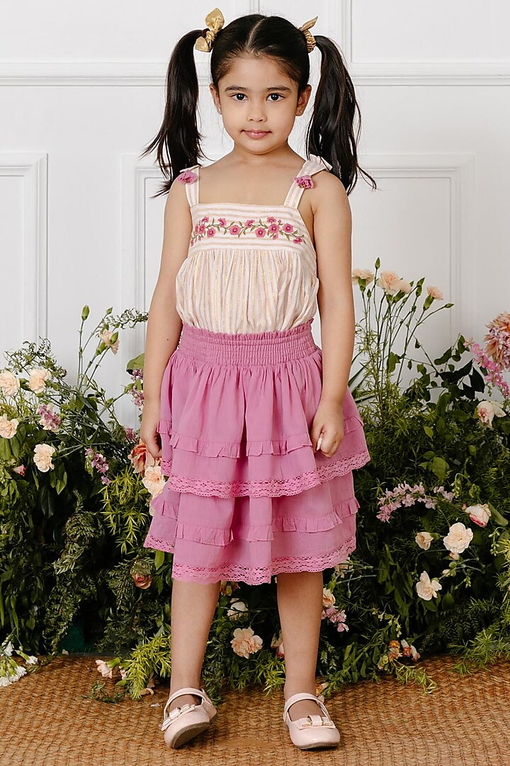 Pink Floral Embroidered Top For Girls by Tribe Kids