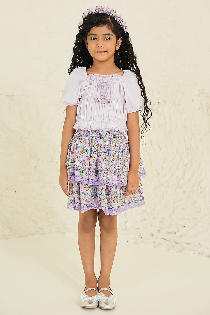 Lilac Cotton Embroidered Gathered Skirt Set For Girls by Tribe Kids
