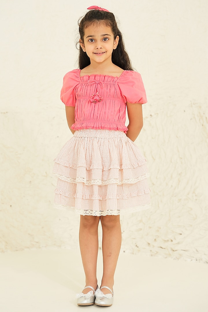 Peach Cotton Embroidered Gathered Skirt Set For Girls by Tribe Kids