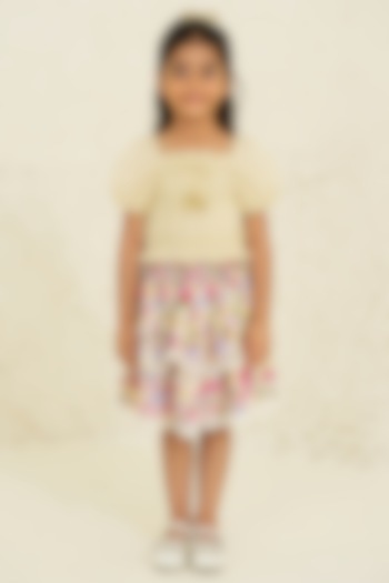 Ecru Cotton Embroidered Gathered Skirt Set For Girls by Tribe Kids at Pernia's Pop Up Shop