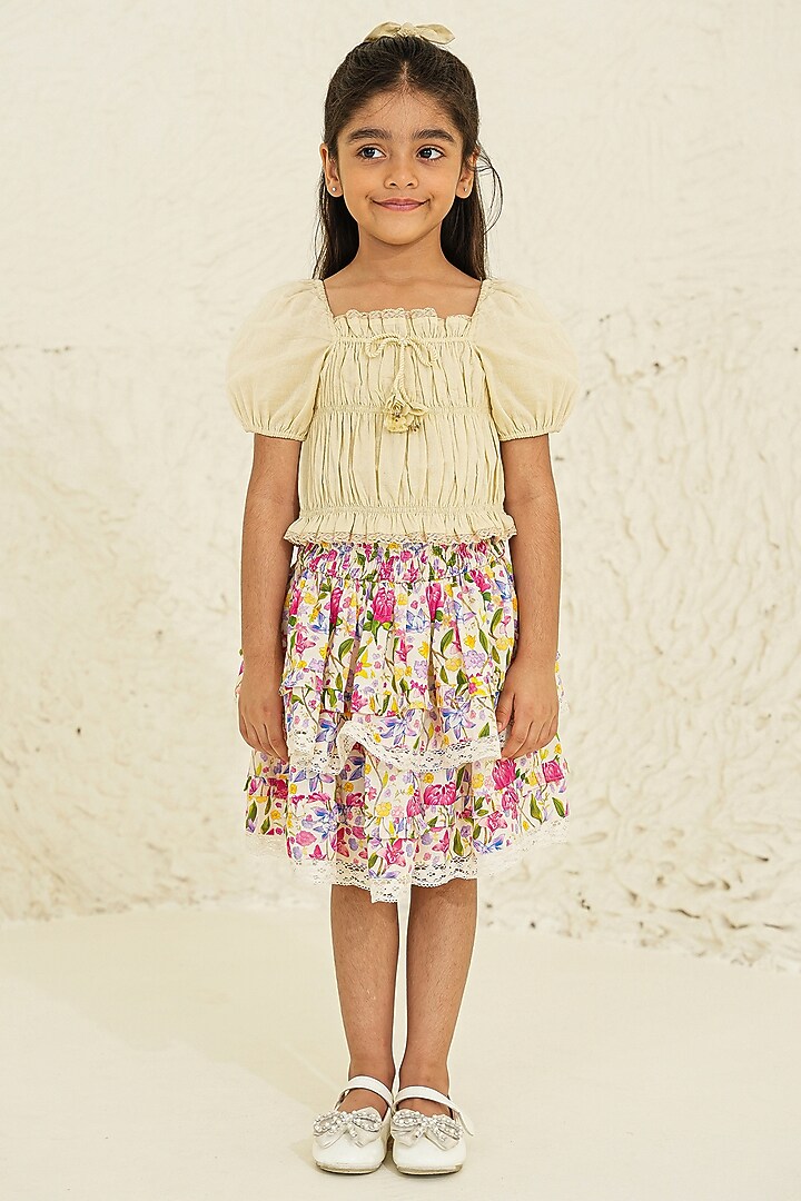 Ecru Cotton Embroidered Gathered Skirt Set For Girls by Tribe Kids at Pernia's Pop Up Shop