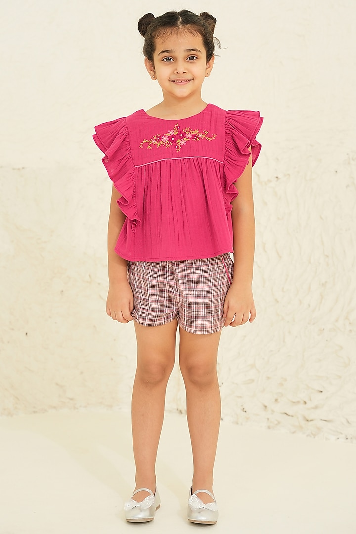 Magenta Cotton Embroidered Co-Ord Set For Girls by Tribe Kids at Pernia's Pop Up Shop
