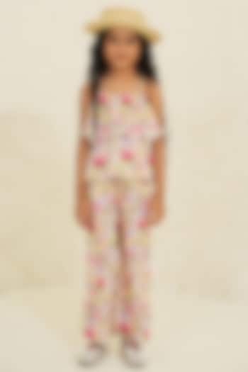 Ecru Soft Cotton Floral Printed Co-Ord Set For Girls by Tribe Kids