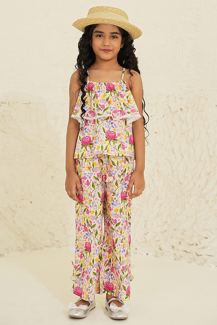 Ecru Soft Cotton Floral Printed Co-Ord Set For Girls by Tribe Kids