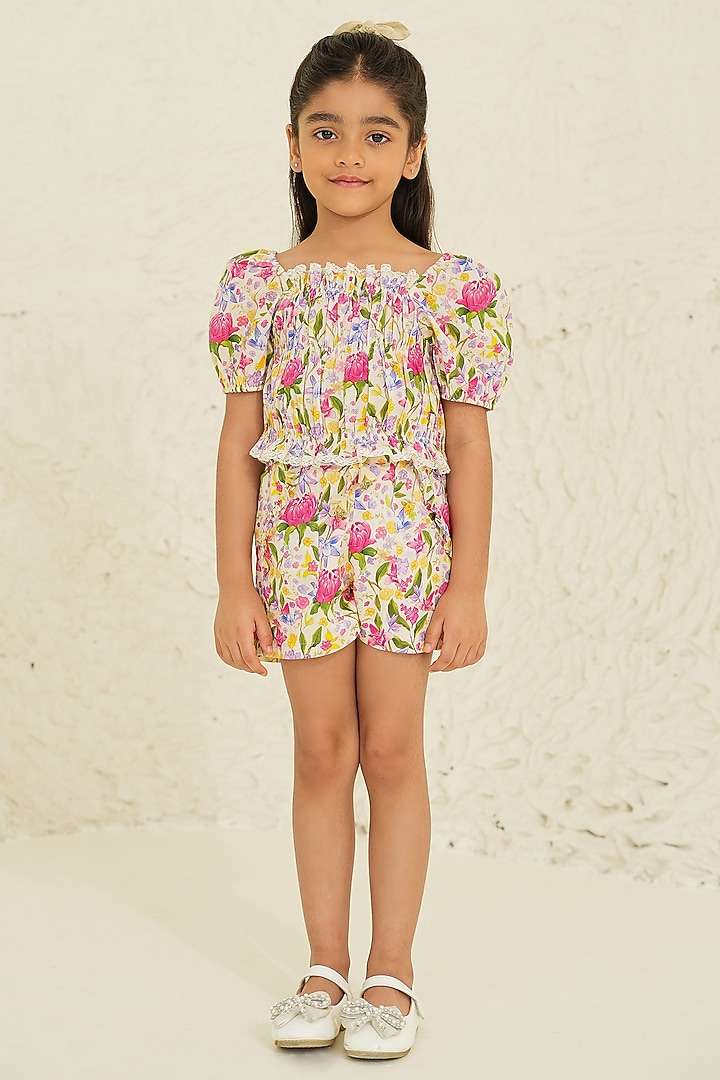 Ecru Soft Cotton Floral Printed Co-Ord Set For Girls by Tribe Kids at Pernia's Pop Up Shop