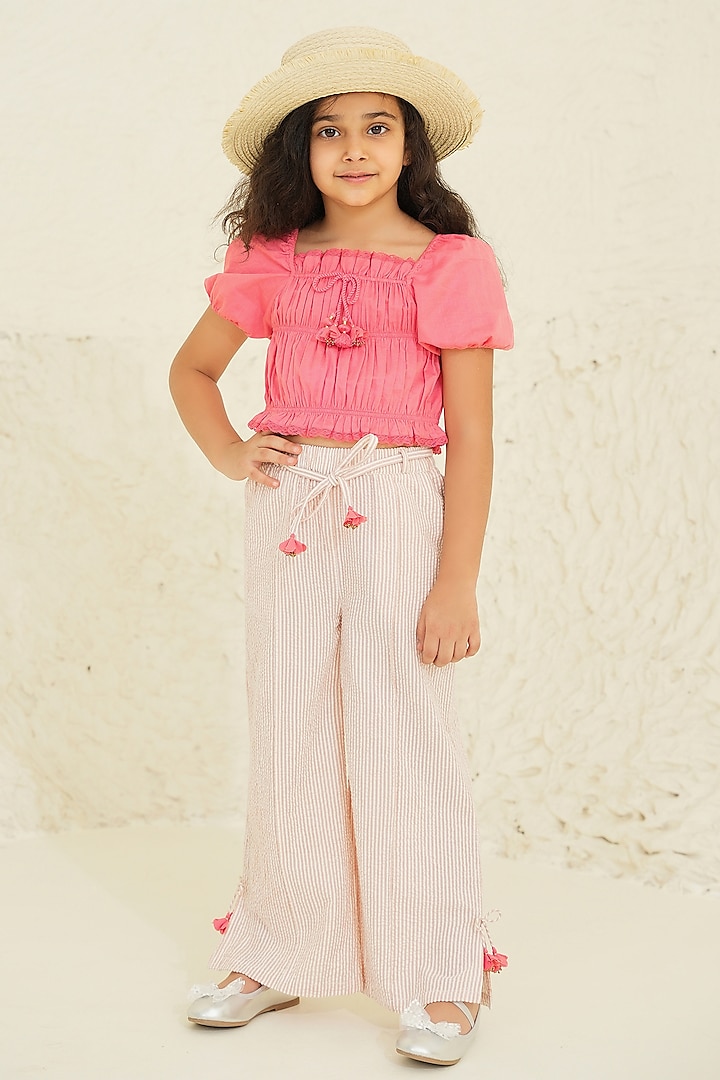 Peach Soft Cotton Striped Pant Set For Girls by Tribe Kids