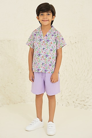 Purple Cotton Floral Printed Co-Ord Set For Boys by Tribe Kids