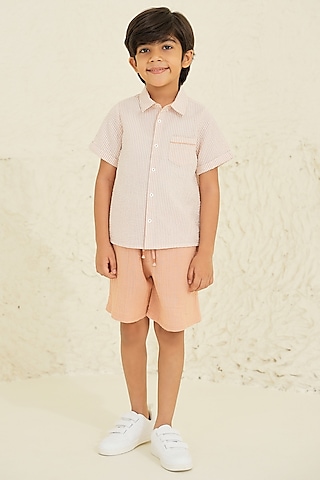 Peach Cotton Striped Co-Ord Set For Boys by Tribe Kids
