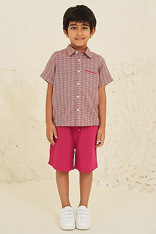 Mauve Cotton Checkered Co-Ord Set For Boys by Tribe Kids