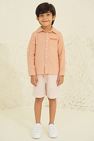 Peach Cotton Embroidered Co-Ord Set For Boys by Tribe Kids